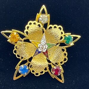 Vintage Order of Eastern Star Rhinestone Flower Pin  Freemasons Brooch